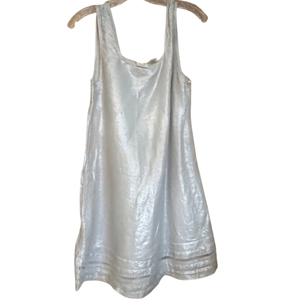 C&C California Metallic Silver 100% Linen Shift Dress Sleeveless Pockets Small